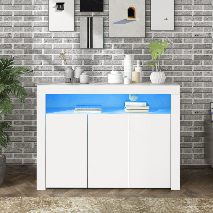 White high gloss sideboard 3 doors with LED lights 130x35x95cm REGOLITH UK