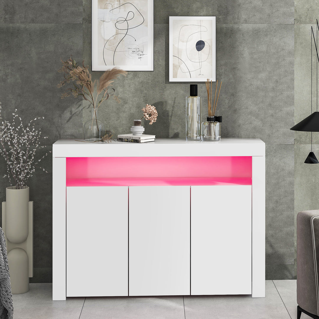 White high gloss sideboard 3 doors with LED lights 130x35x95cm REGOLITH UK