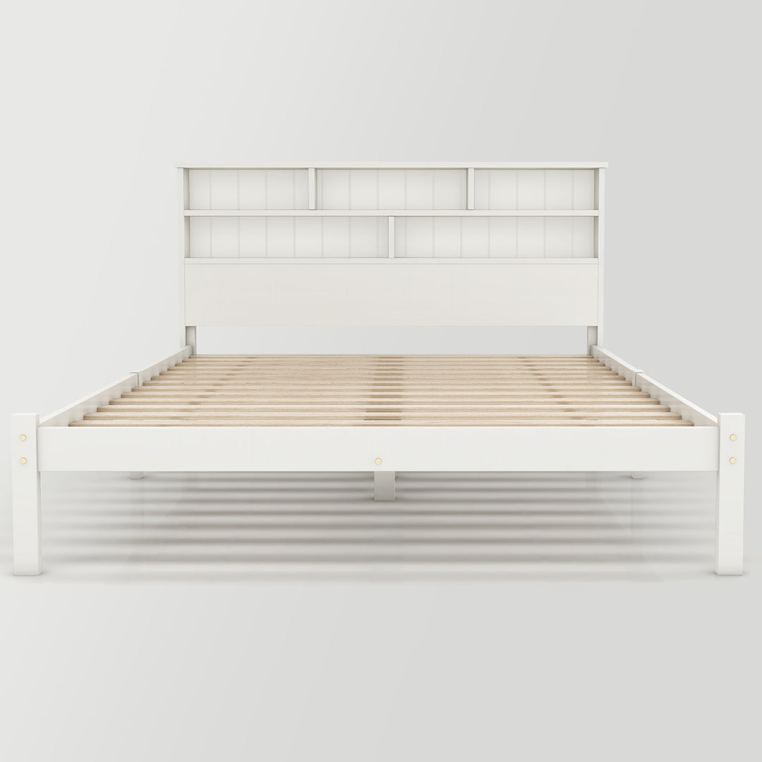 White wooden storage double bed with shelves and underbed drawer 135x190cm FIELDLINE UK