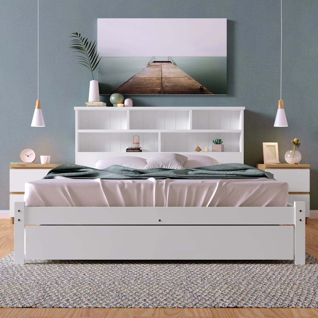 White wooden storage double bed with shelves and underbed drawer 135x190cm FIELDLINE UK