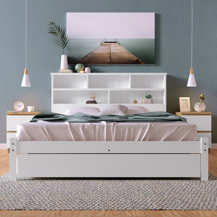 White wooden storage double bed with shelves and underbed drawer 135x190cm FIELDLINE UK