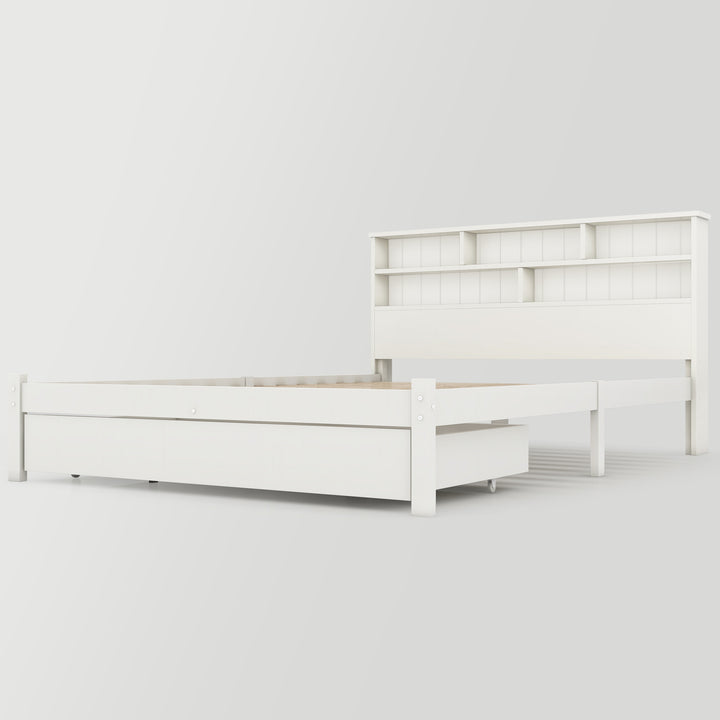 White wooden storage double bed with shelves and underbed drawer 135x190cm FIELDLINE UK