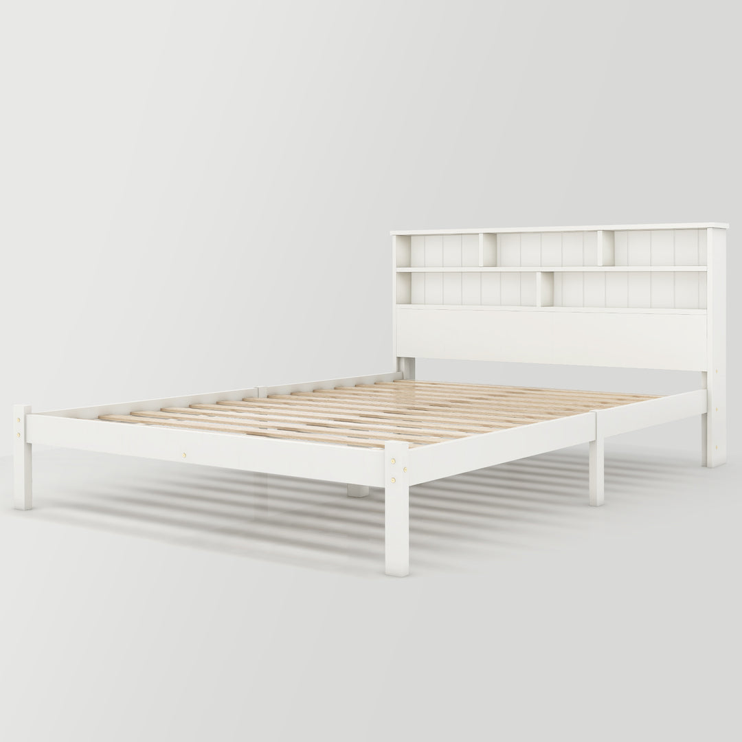 White wooden storage double bed with shelves and underbed drawer 135x190cm FIELDLINE UK