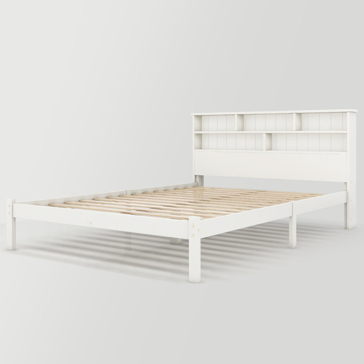 White wooden storage double bed with shelves and underbed drawer 135x190cm FIELDLINE UK