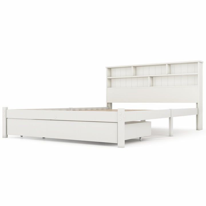 White wooden storage double bed with shelves and underbed drawer 135x190cm FIELDLINE UK