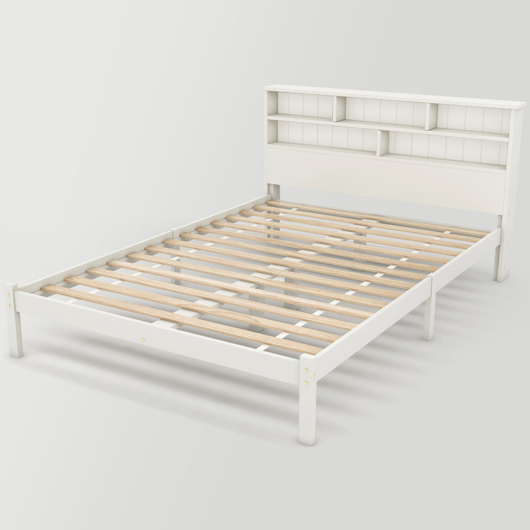 White wooden storage double bed with shelves and underbed drawer 135x190cm FIELDLINE UK