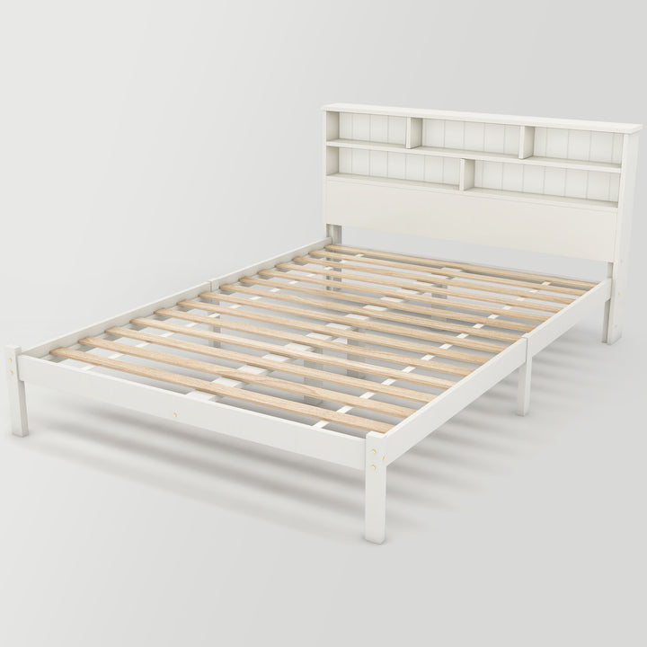 White wooden storage double bed with shelves and underbed drawer 135x190cm FIELDLINE UK