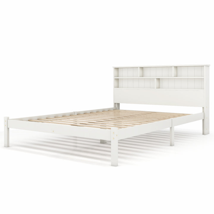 White wooden storage double bed with shelves and underbed drawer 135x190cm FIELDLINE UK