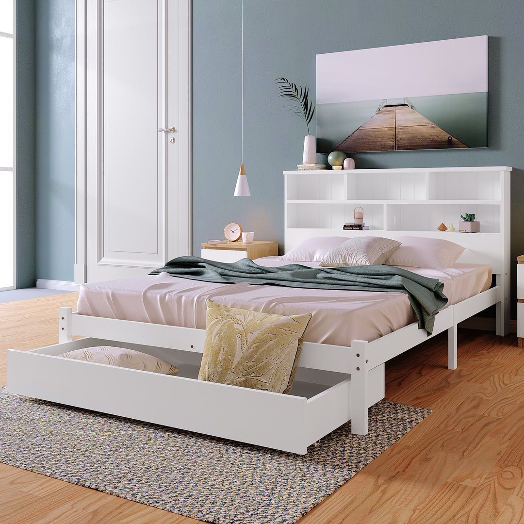 White wooden storage double bed with shelves and underbed drawer 135x190cm FIELDLINE UK