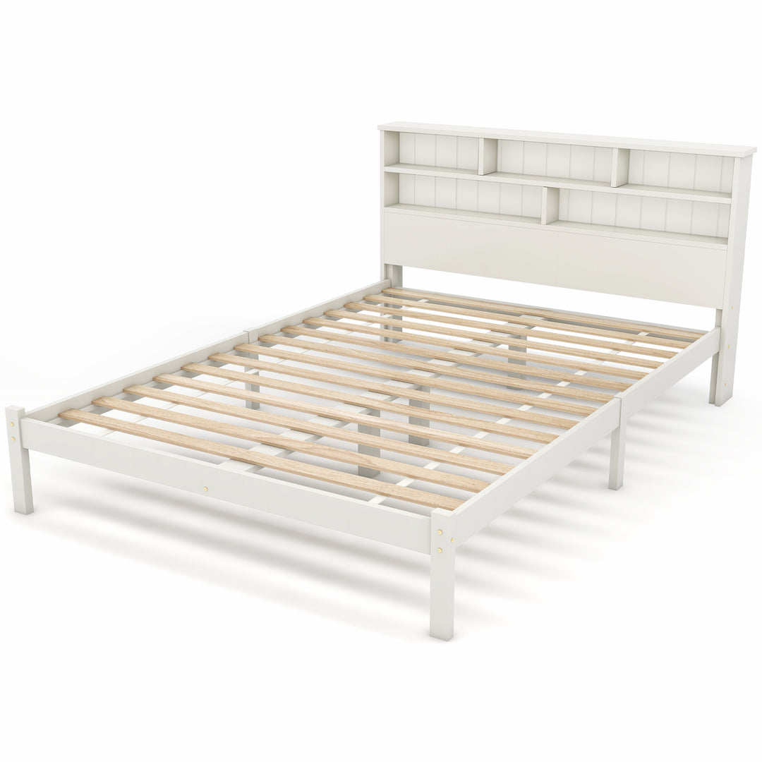 White wooden storage double bed with shelves and underbed drawer 135x190cm FIELDLINE UK