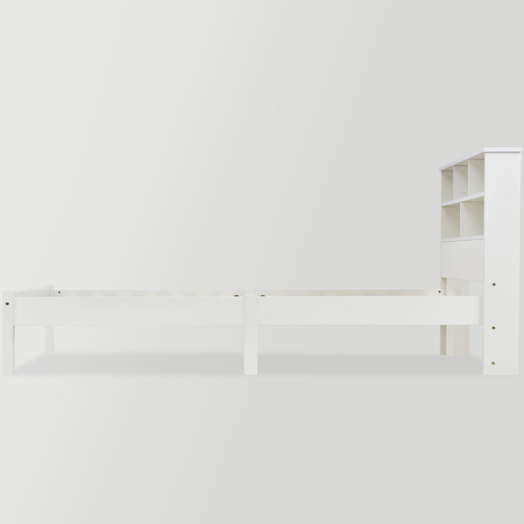 White wooden storage single bed with shelves and underbed drawer 90x190cm HEARTWOOD UK