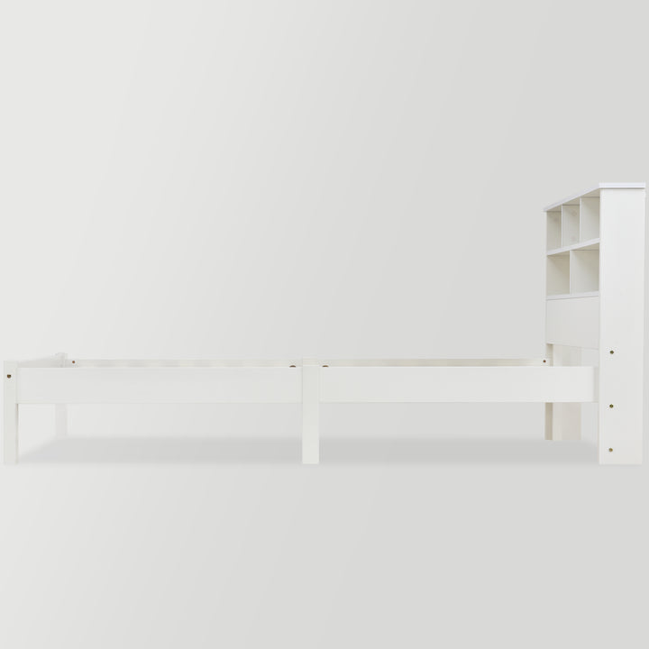 White wooden storage single bed with shelves and underbed drawer 90x190cm HEARTWOOD UK