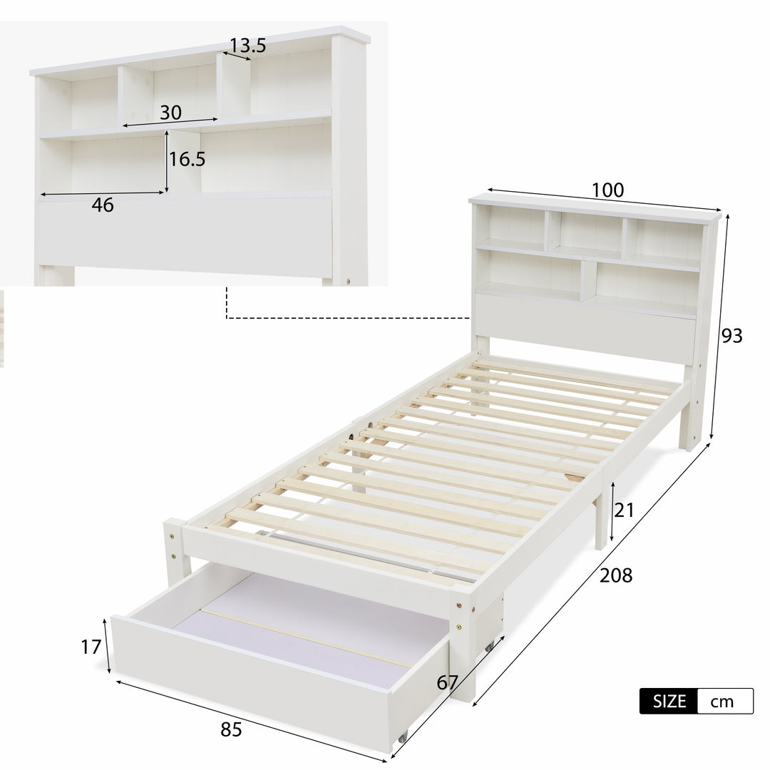 White wooden storage single bed with shelves and underbed drawer 90x190cm HEARTWOOD UK