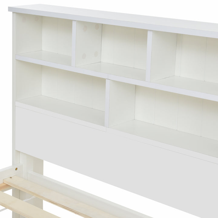 White wooden storage single bed with shelves and underbed drawer 90x190cm HEARTWOOD UK