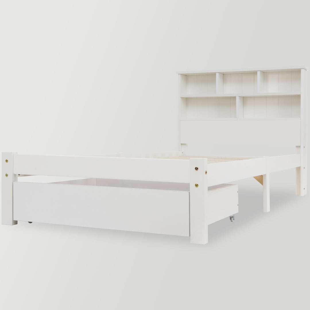White wooden storage single bed with shelves and underbed drawer 90x190cm HEARTWOOD UK