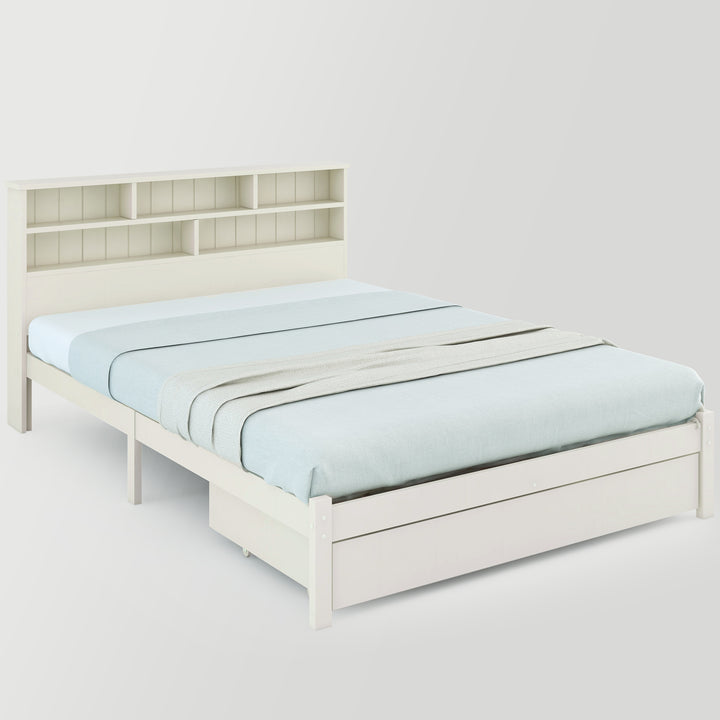 White wooden storage double bed with shelves and underbed drawer 135x190cm FIELDLINE UK