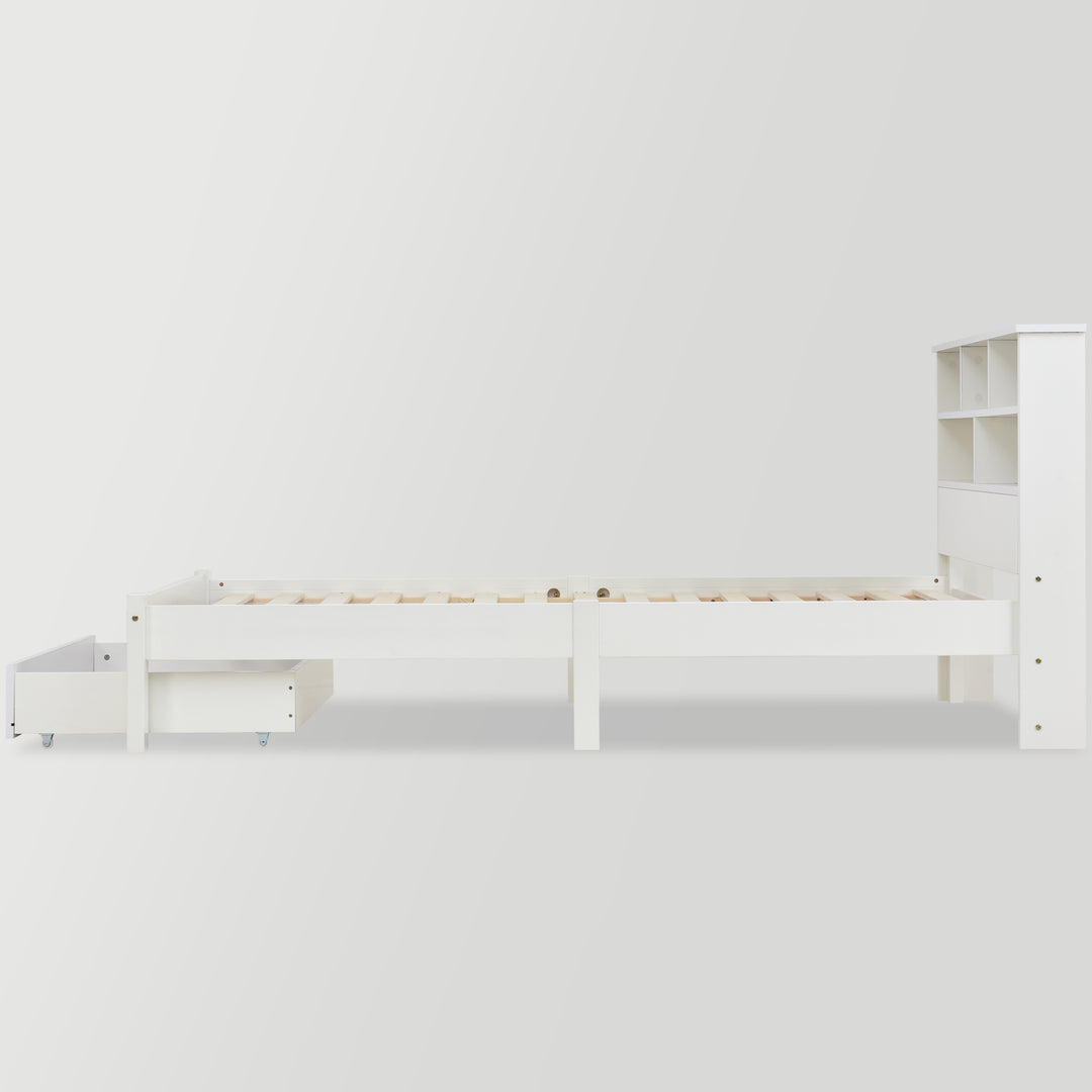 White wooden storage single bed with shelves and underbed drawer 90x190cm HEARTWOOD UK