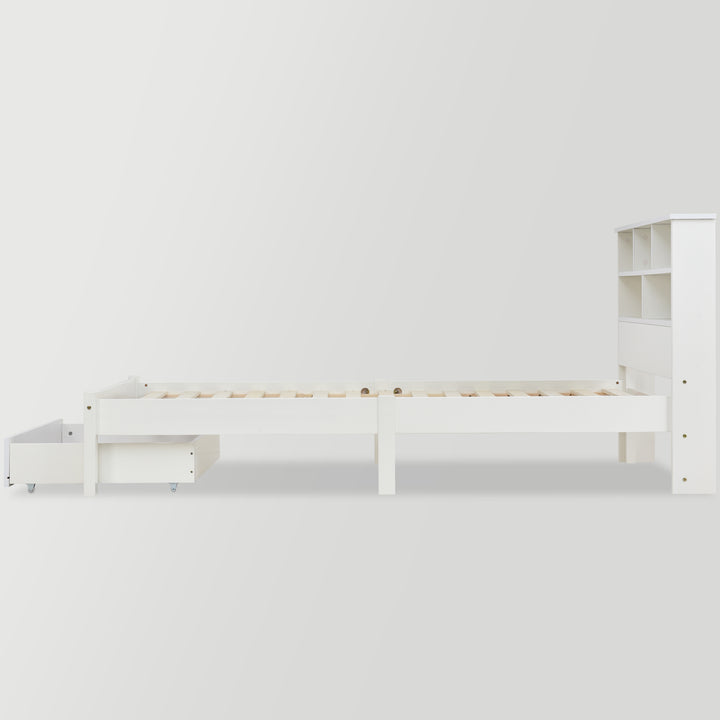 White wooden storage single bed with shelves and underbed drawer 90x190cm HEARTWOOD UK