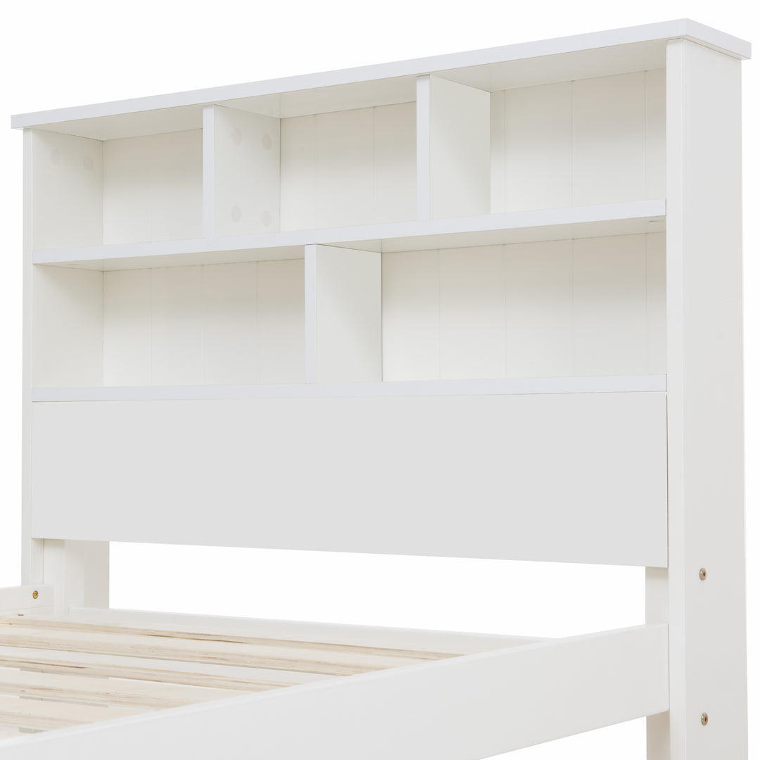 White wooden storage single bed with shelves and underbed drawer 90x190cm HEARTWOOD UK