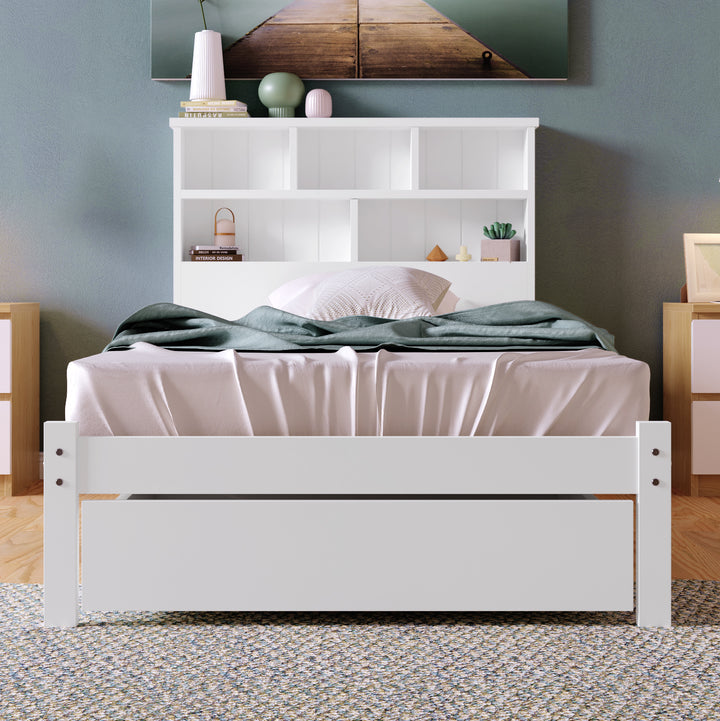 White wooden storage single bed with shelves and underbed drawer 90x190cm HEARTWOOD UK