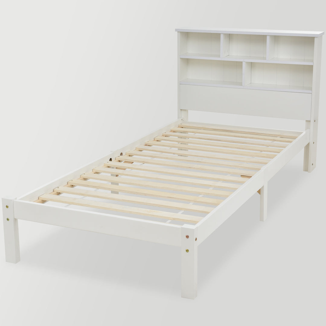White wooden storage single bed with shelves and underbed drawer 90x190cm HEARTWOOD UK