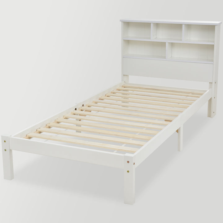 White wooden storage single bed with shelves and underbed drawer 90x190cm HEARTWOOD UK