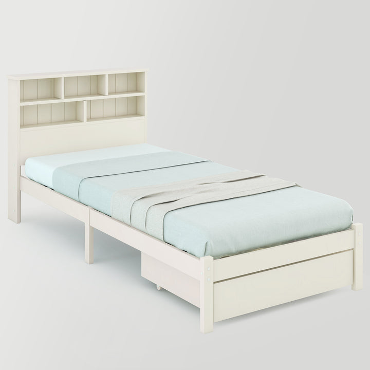 White wooden storage single bed with shelves and underbed drawer 90x190cm HEARTWOOD UK