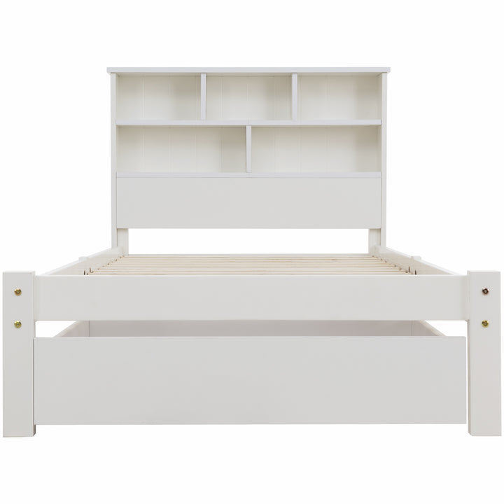 White wooden storage single bed with shelves and underbed drawer 90x190cm HEARTWOOD UK