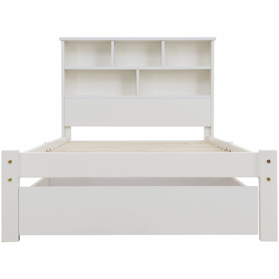 White wooden storage single bed with shelves and underbed drawer 90x190cm HEARTWOOD UK