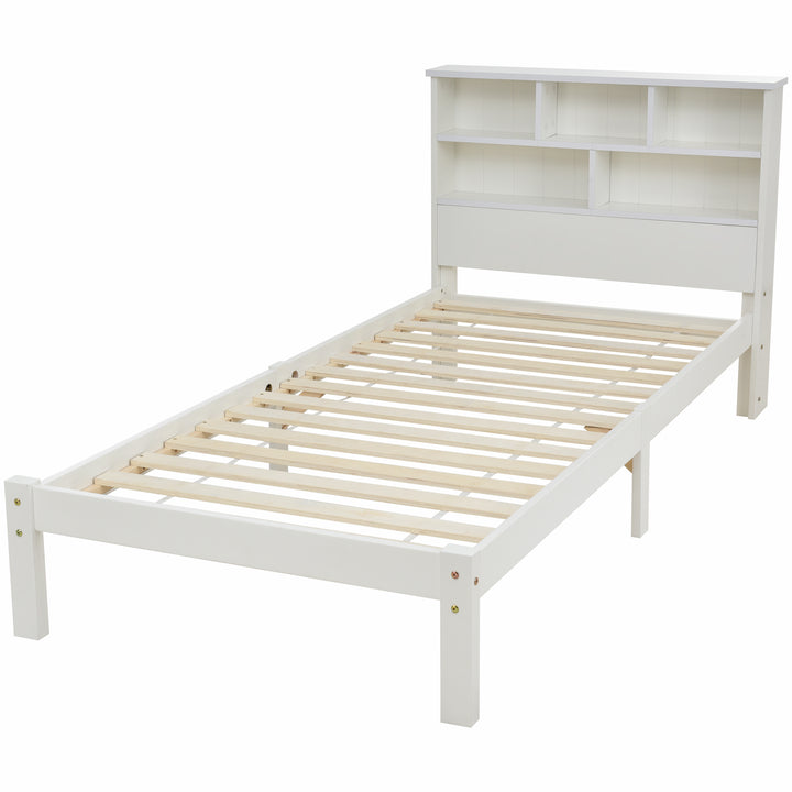 White wooden storage single bed with shelves and underbed drawer 90x190cm HEARTWOOD UK