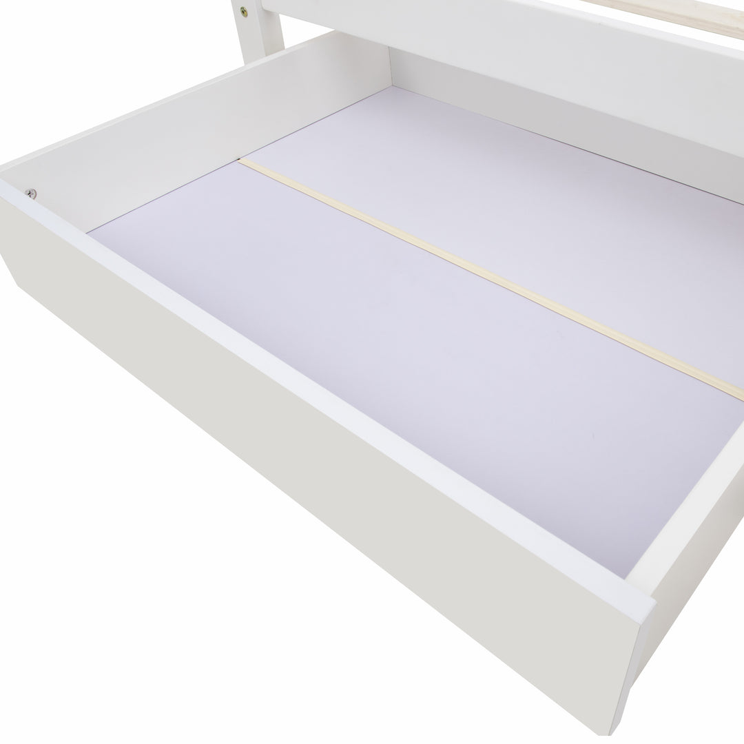 White wooden storage single bed with shelves and underbed drawer 90x190cm HEARTWOOD UK