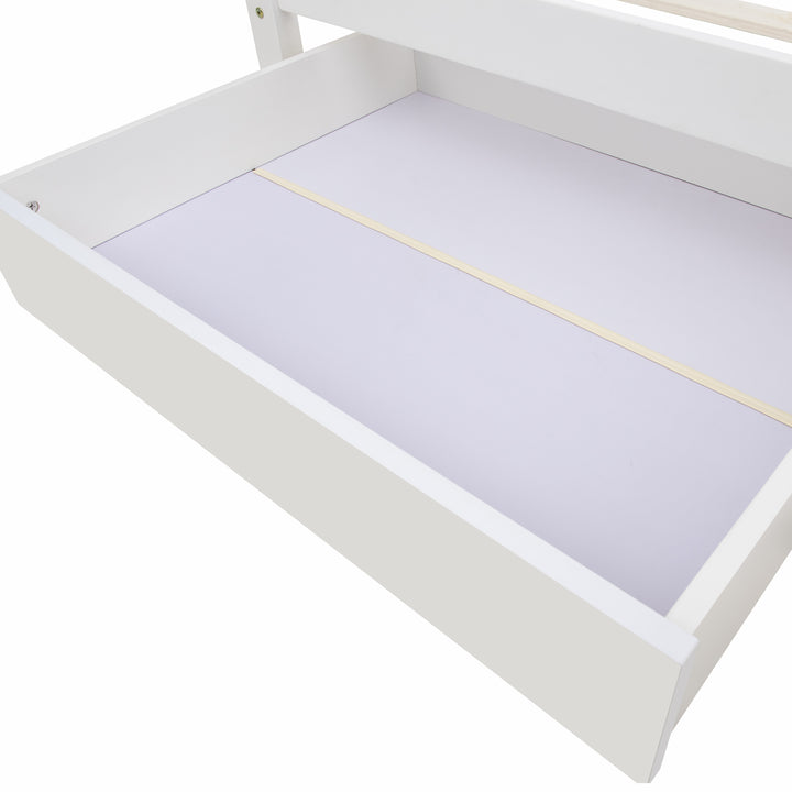 White wooden storage single bed with shelves and underbed drawer 90x190cm HEARTWOOD UK