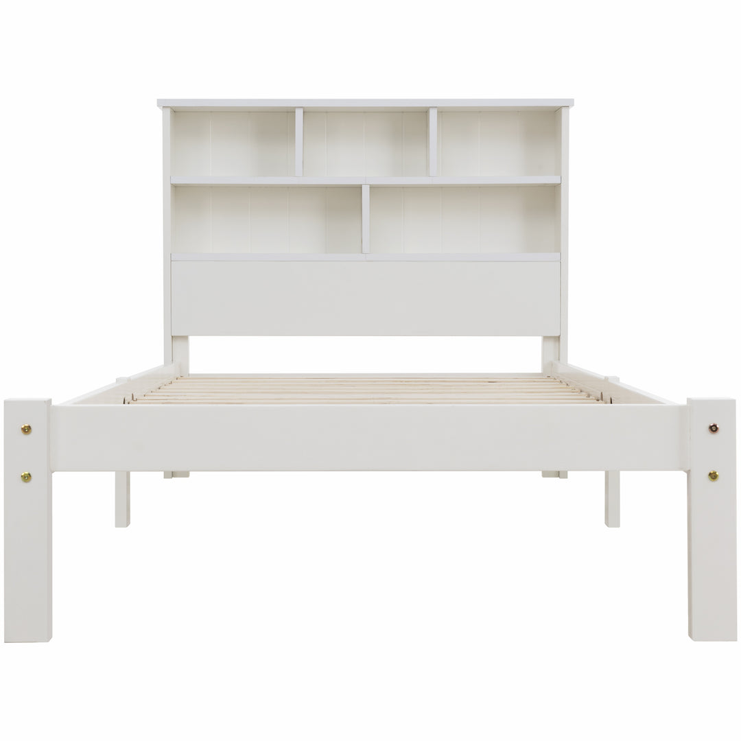 White wooden storage single bed with shelves and underbed drawer 90x190cm HEARTWOOD UK