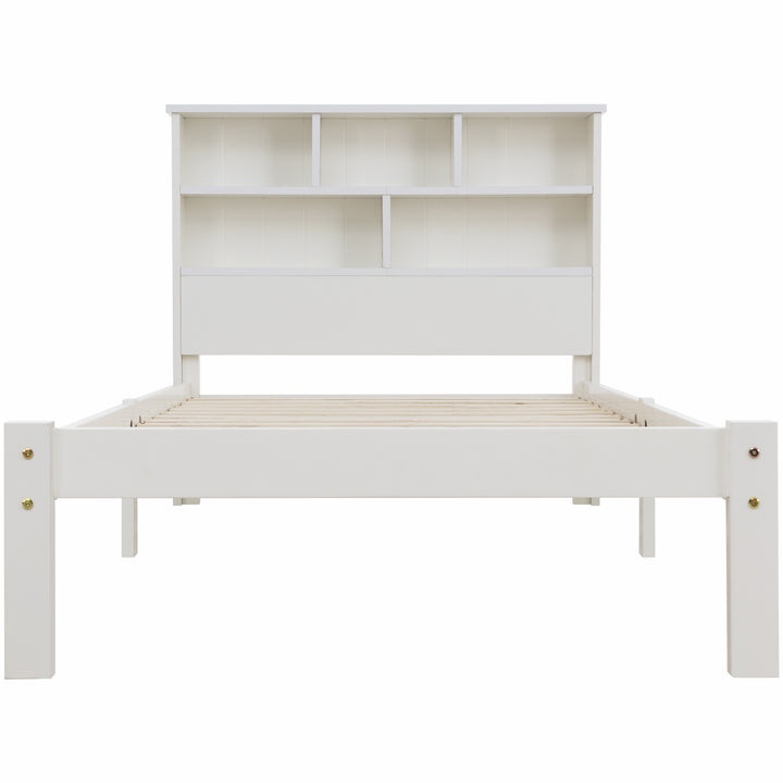 White wooden storage single bed with shelves and underbed drawer 90x190cm HEARTWOOD UK