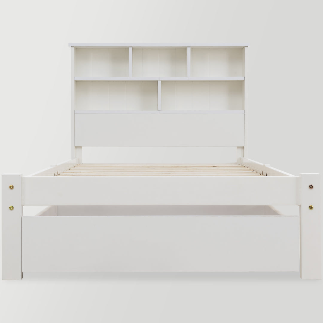 White wooden storage single bed with shelves and underbed drawer 90x190cm HEARTWOOD UK