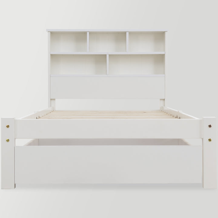 White wooden storage single bed with shelves and underbed drawer 90x190cm HEARTWOOD UK