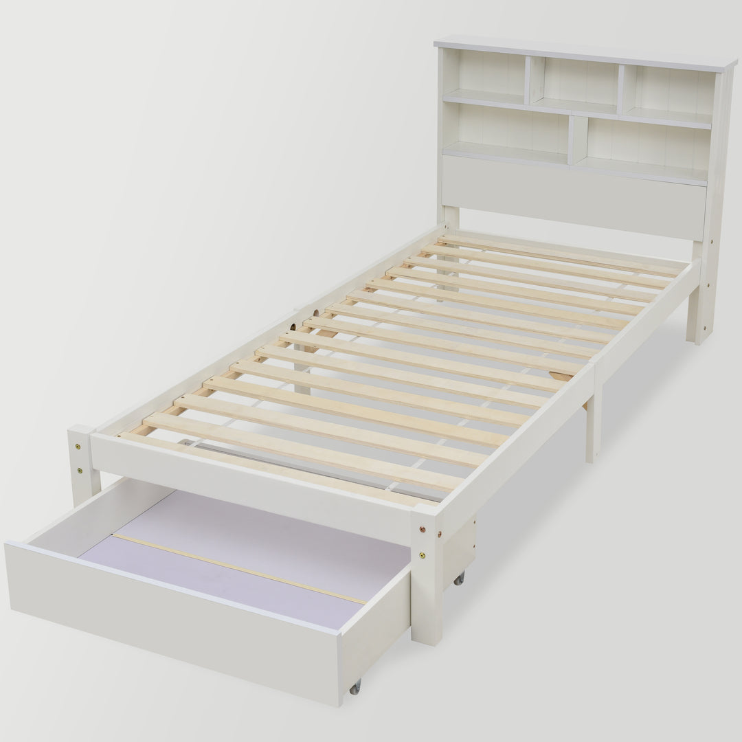 White wooden storage single bed with shelves and underbed drawer 90x190cm HEARTWOOD UK