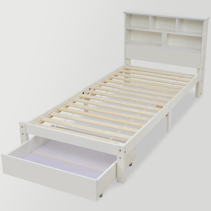 White wooden storage single bed with shelves and underbed drawer 90x190cm HEARTWOOD UK