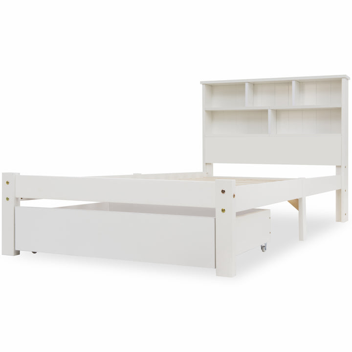 White wooden storage single bed with shelves and underbed drawer 90x190cm HEARTWOOD UK