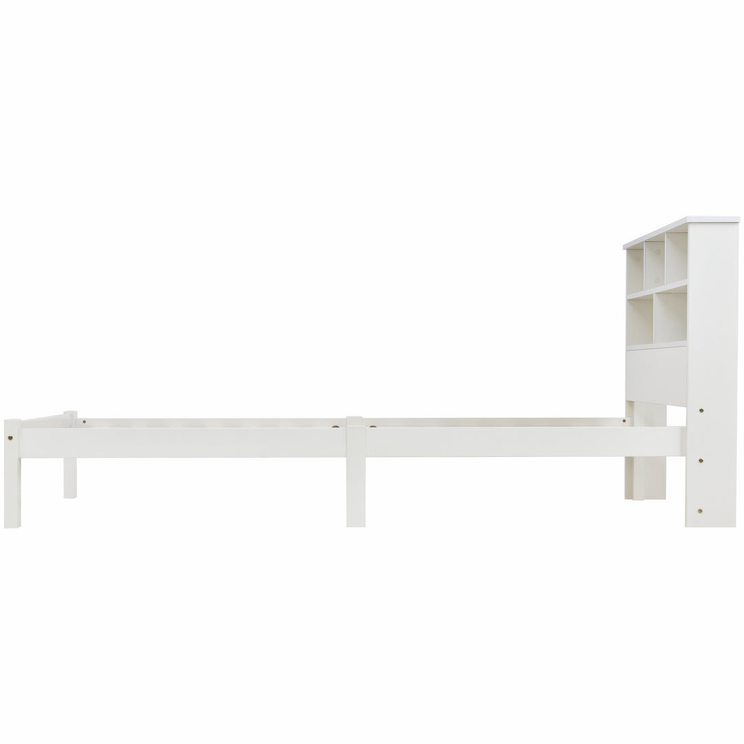 White wooden storage single bed with shelves and underbed drawer 90x190cm HEARTWOOD UK