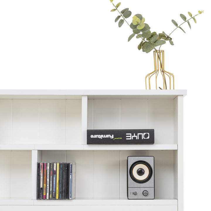 White wooden storage double bed with shelves and underbed drawer 135x190cm FIELDLINE UK