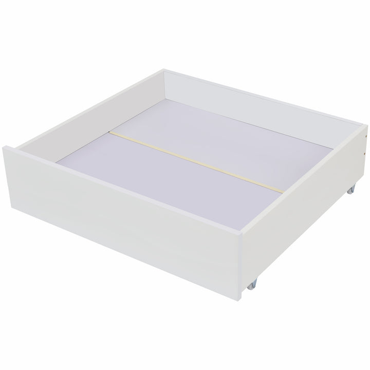 White wooden storage single bed with shelves and underbed drawer 90x190cm HEARTWOOD UK
