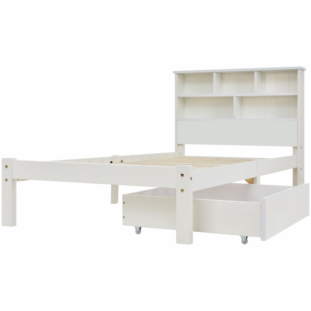 White wooden storage single bed with shelves and underbed drawer 90x190cm HEARTWOOD UK