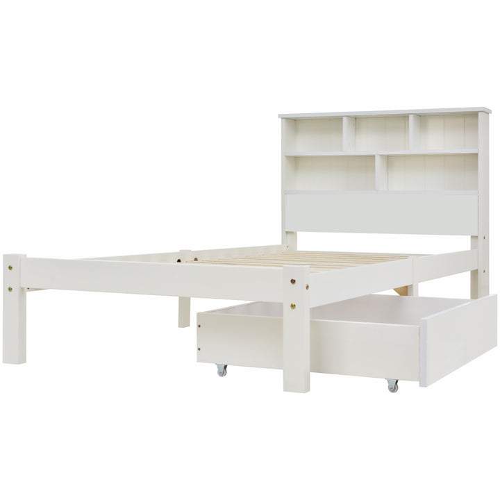 White wooden storage single bed with shelves and underbed drawer 90x190cm HEARTWOOD UK