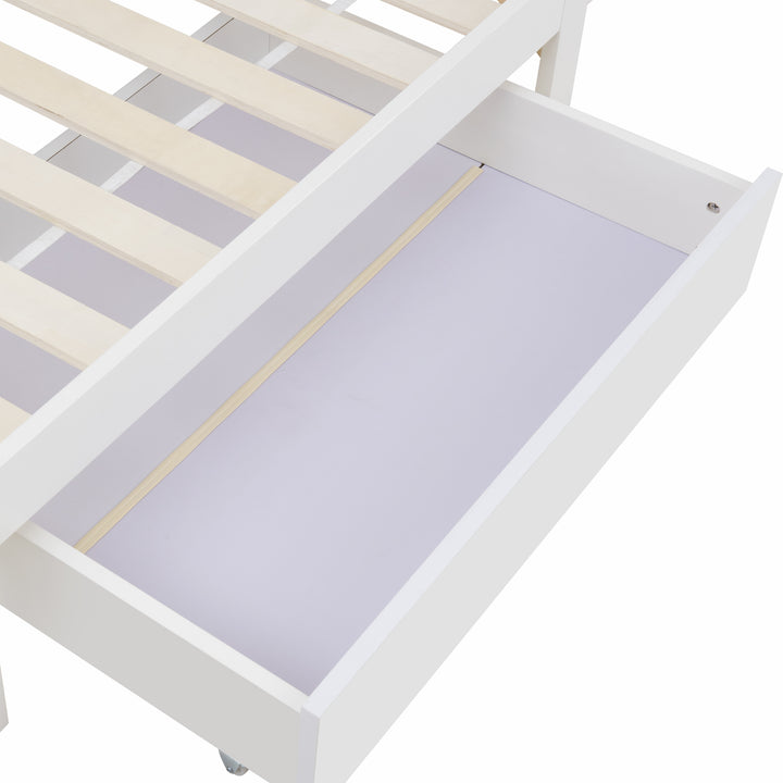 White wooden storage single bed with shelves and underbed drawer 90x190cm HEARTWOOD UK