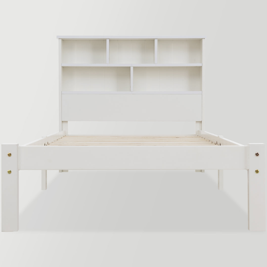 White wooden storage single bed with shelves and underbed drawer 90x190cm HEARTWOOD UK
