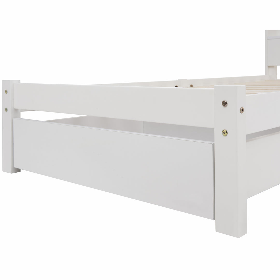 White wooden storage single bed with shelves and underbed drawer 90x190cm HEARTWOOD UK