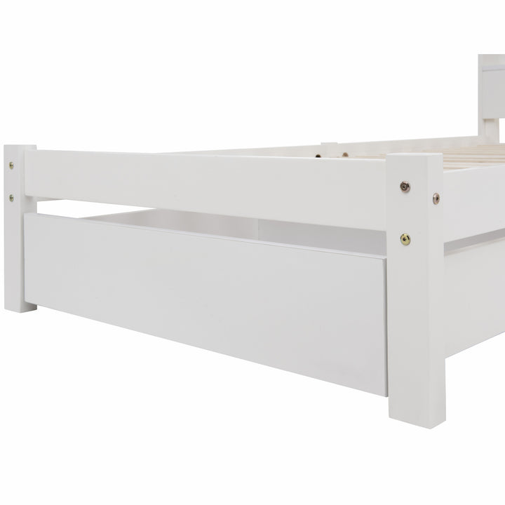 White wooden storage single bed with shelves and underbed drawer 90x190cm HEARTWOOD UK