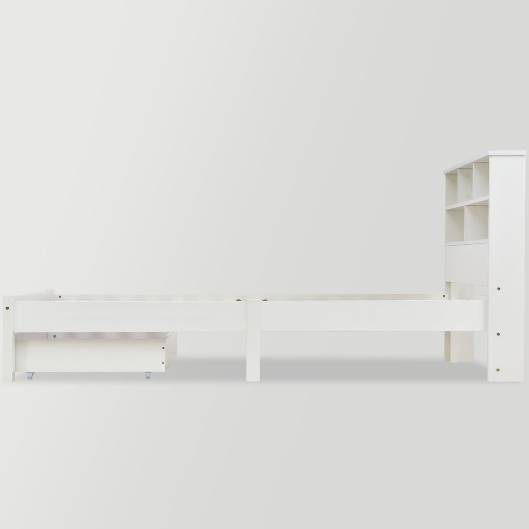 White wooden storage single bed with shelves and underbed drawer 90x190cm HEARTWOOD UK