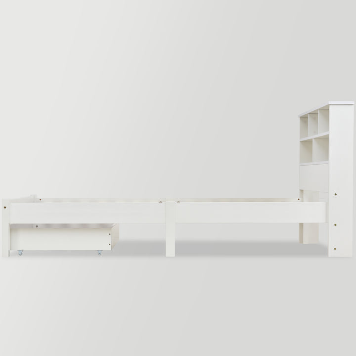 White wooden storage single bed with shelves and underbed drawer 90x190cm HEARTWOOD UK